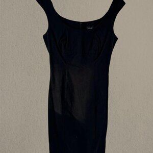 black midi bodycon dress with scoop neckline and zipper back